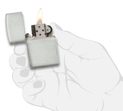 Zippo Feuerzeug 925er Sterling Silber gebürstet geöffnet mit Flamme in stilisierter Hand