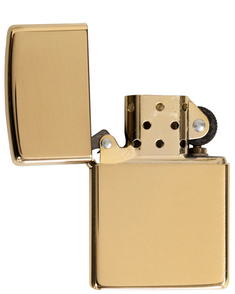 Frontansicht 3/4 Winkel Zippo Feuerzeug Armor High Polish Brass Basis Modell geöffnet