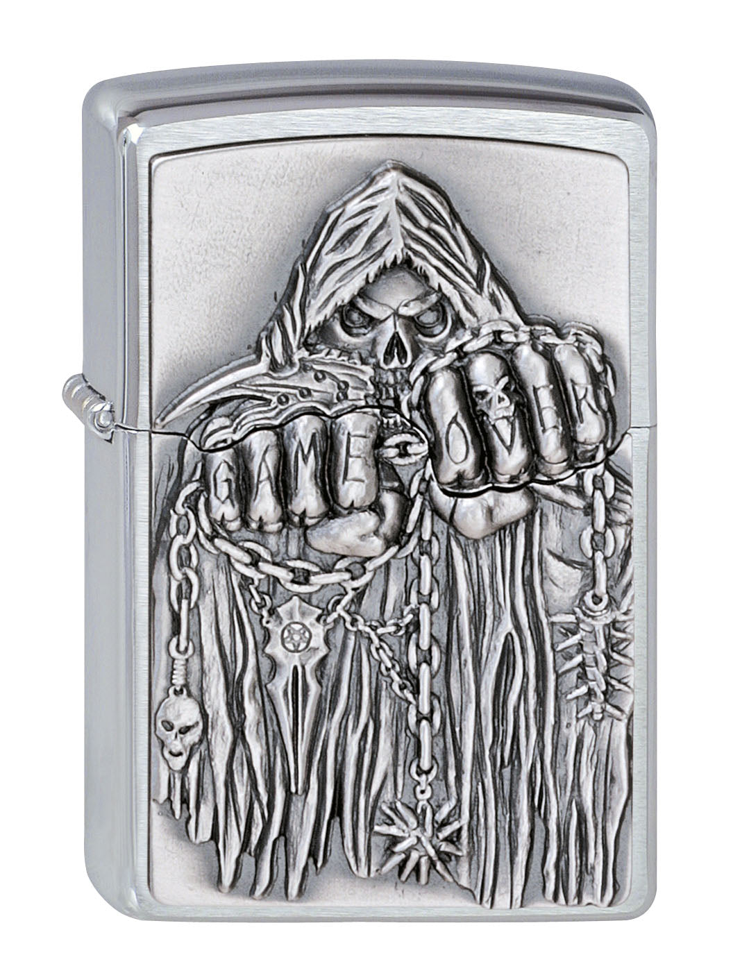 Frontansicht 3/4 Winkel Zippo Feuerzeug chrom der Tod mit Kutte und vorgestreckten Fäusten Emblem