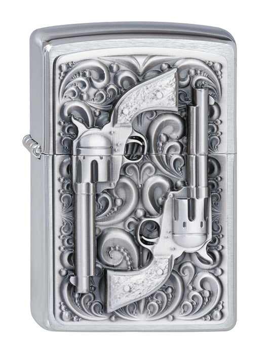 Frontansicht 3/4 Winkel Zippo Feuerzeug Chrom zwei Revolver Emblem