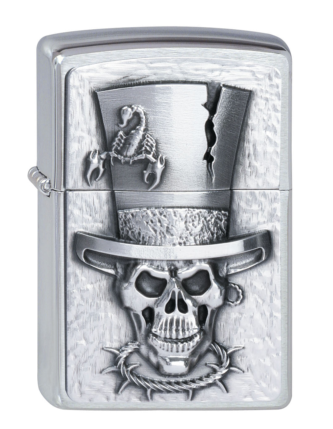 Frontansicht Zippo Feuerzeug chrom Totenkopf mit Zylinder Hut Emblem