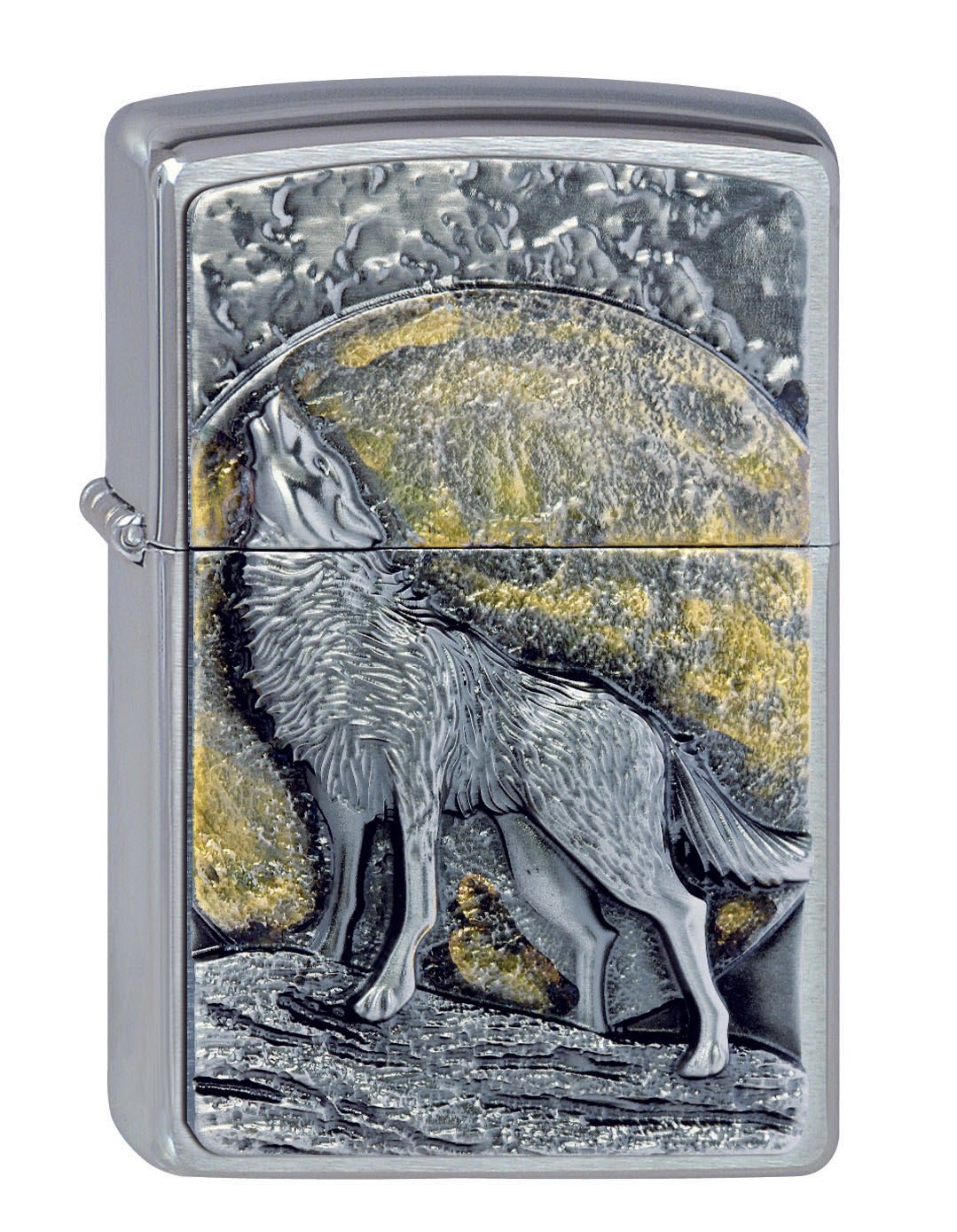 Frontansicht 3/4 Winkel Zippo Feuerzeug chrom Wolf auf Fels vor großem Vollmond