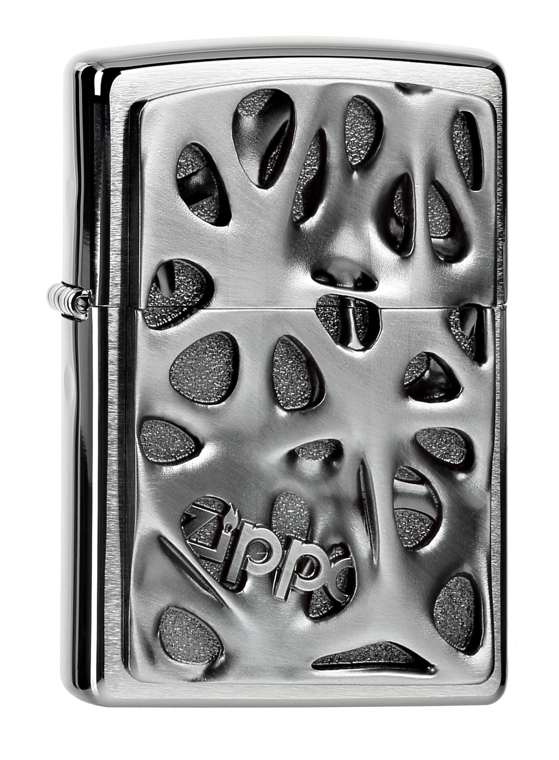 Frontansicht Zippo Feuerzeug chrom Löcher Emblem