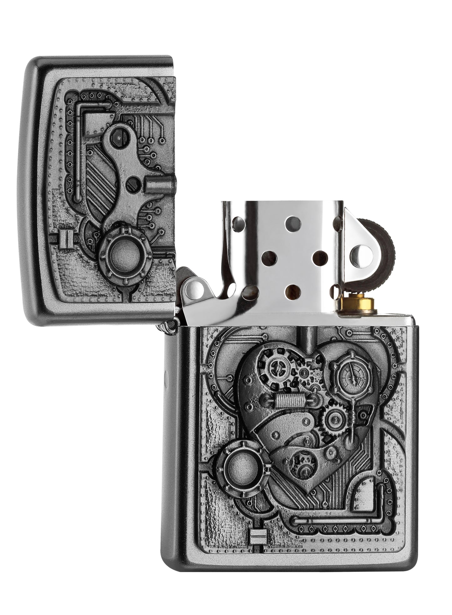 Zippo Feuerzeug Chrom Herz aus mechanischen Elementen Emblem geöffnet