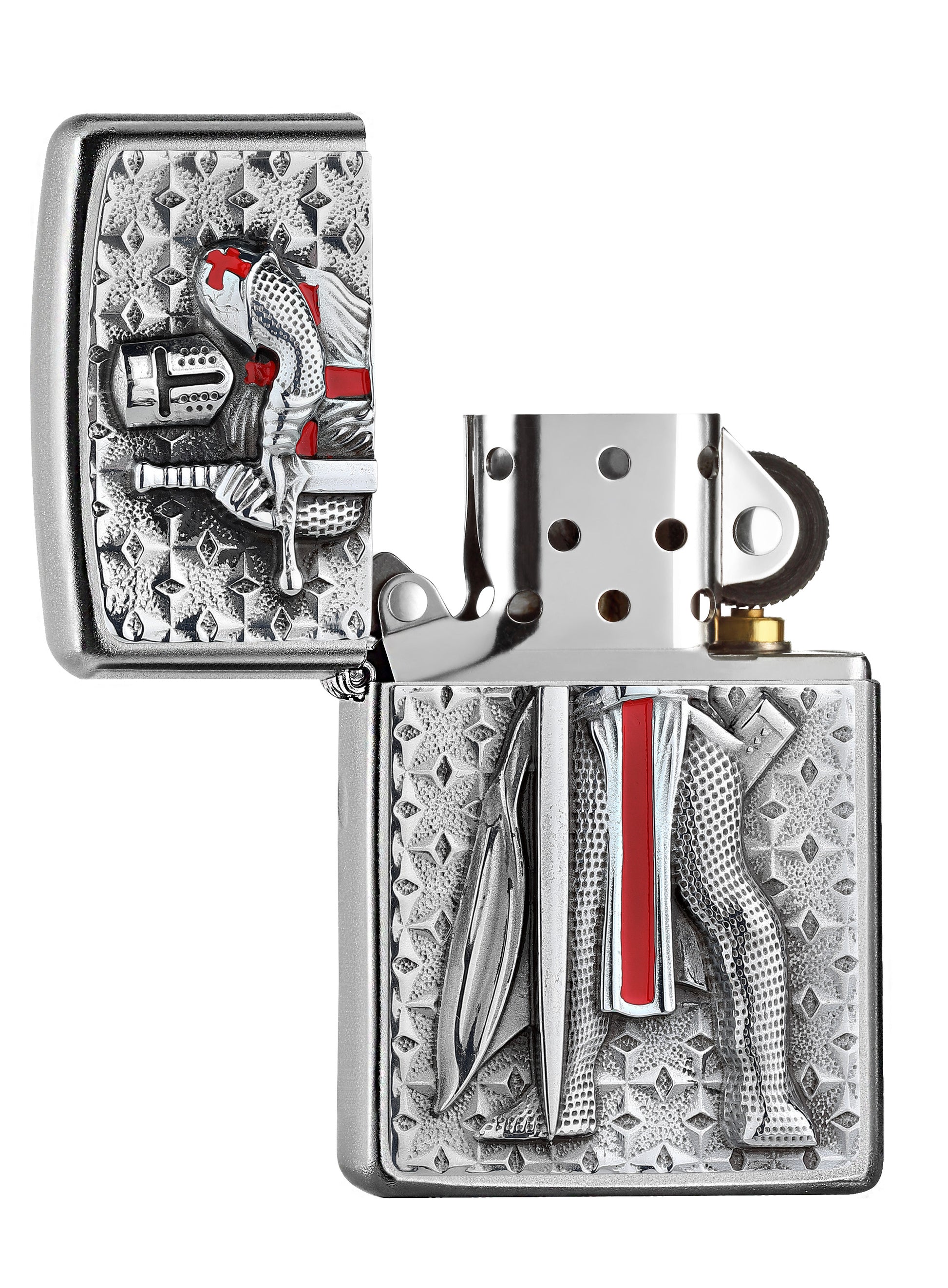 Zippo Feuerzeug Emblem mit stehendem Kreuzritter geöffnet