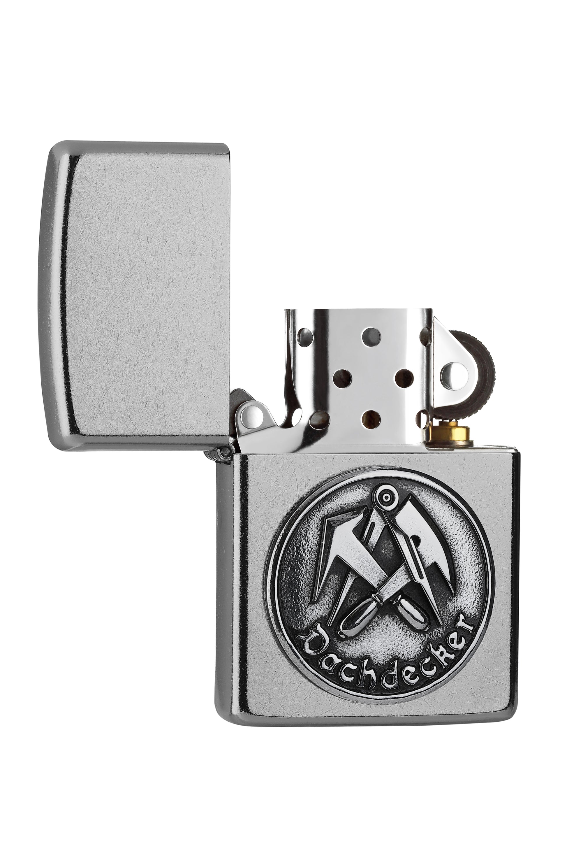 Zippo Feuerzeug Frontansicht ¾ Winkel verchromt geöffnet mit Dachdecker Symbol Emblem