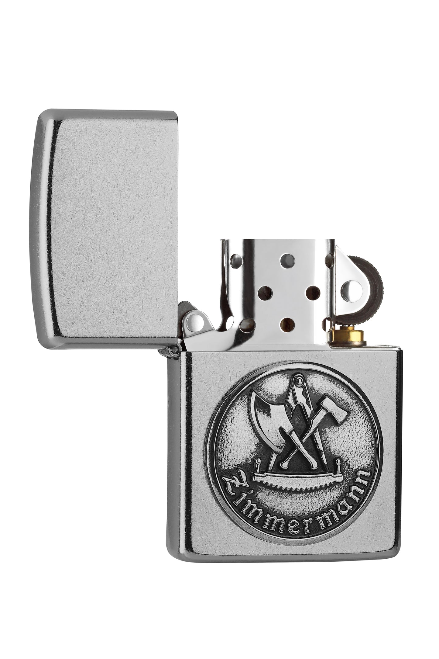 Zippo Feuerzeug Chrom Innung Zimmermann Emblem geöffnet