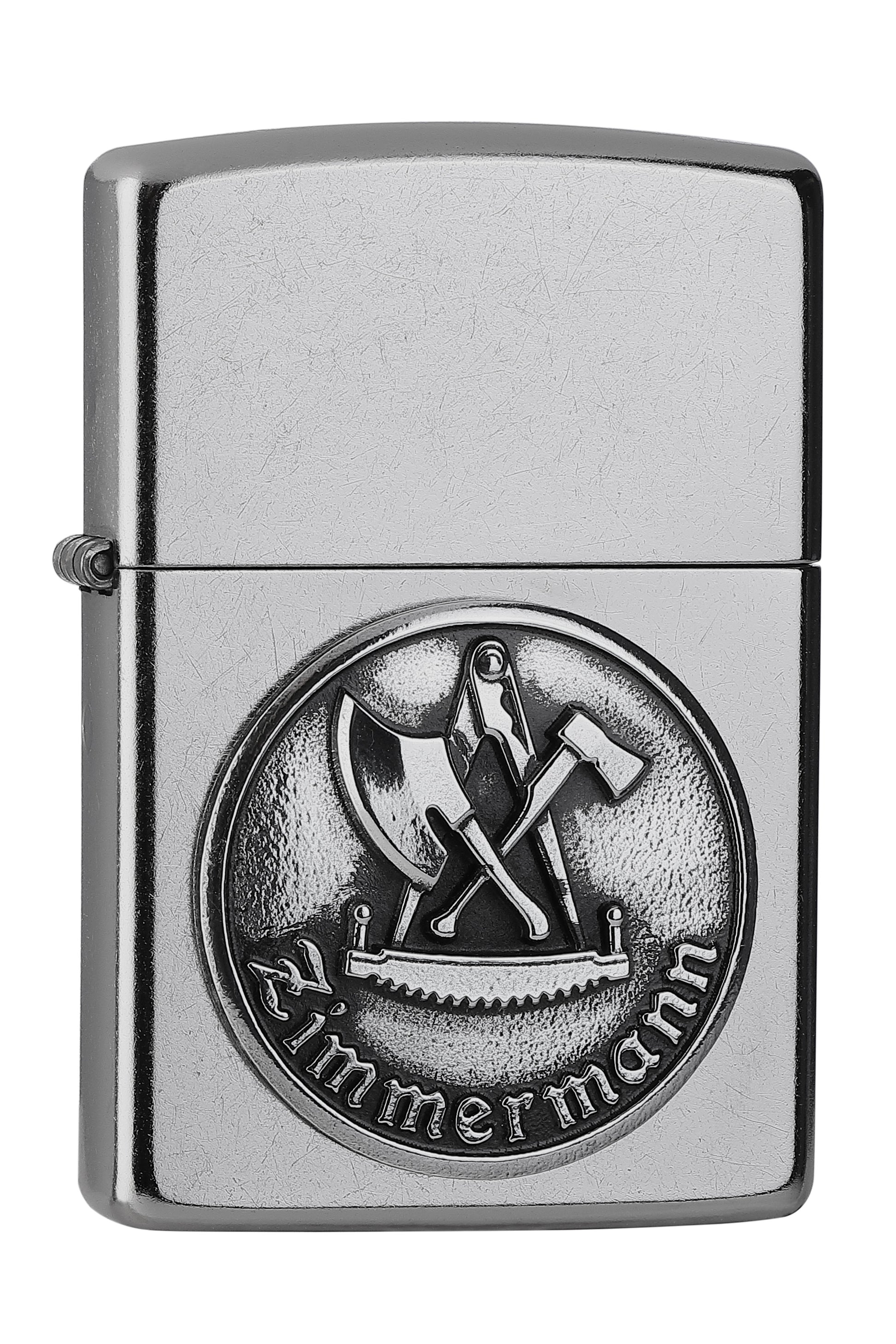 Frontansicht 3/4 Winkel Zippo Feuerzeug Chrom Innung Zimmermann Emblem