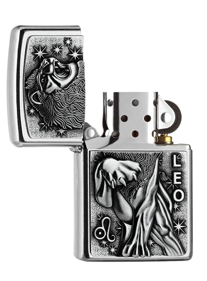 Zippo Feuerzeug chrom Sternzeichen Löwe Emblem geöffnet