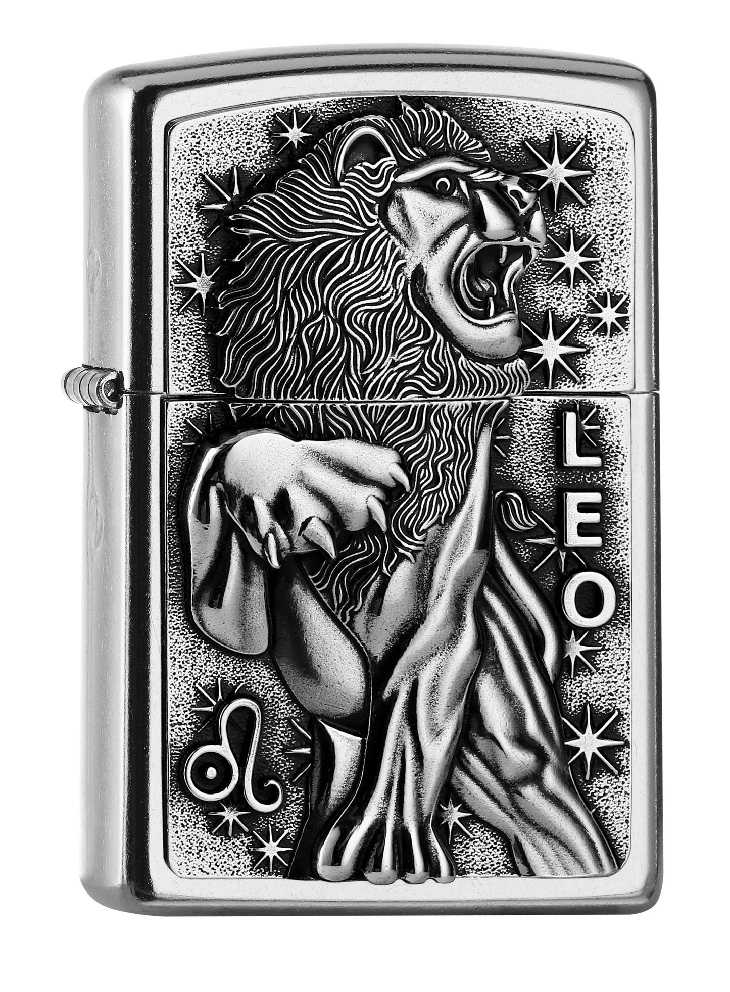 Frontansicht 3/4 Winkel Zippo Feuerzeug chrom Sternzeichen Löwe Emblem