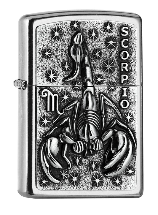 Frontansicht 3/4 Winkel Zippo Feuerzeug chrom Sternzeichen Skorpion