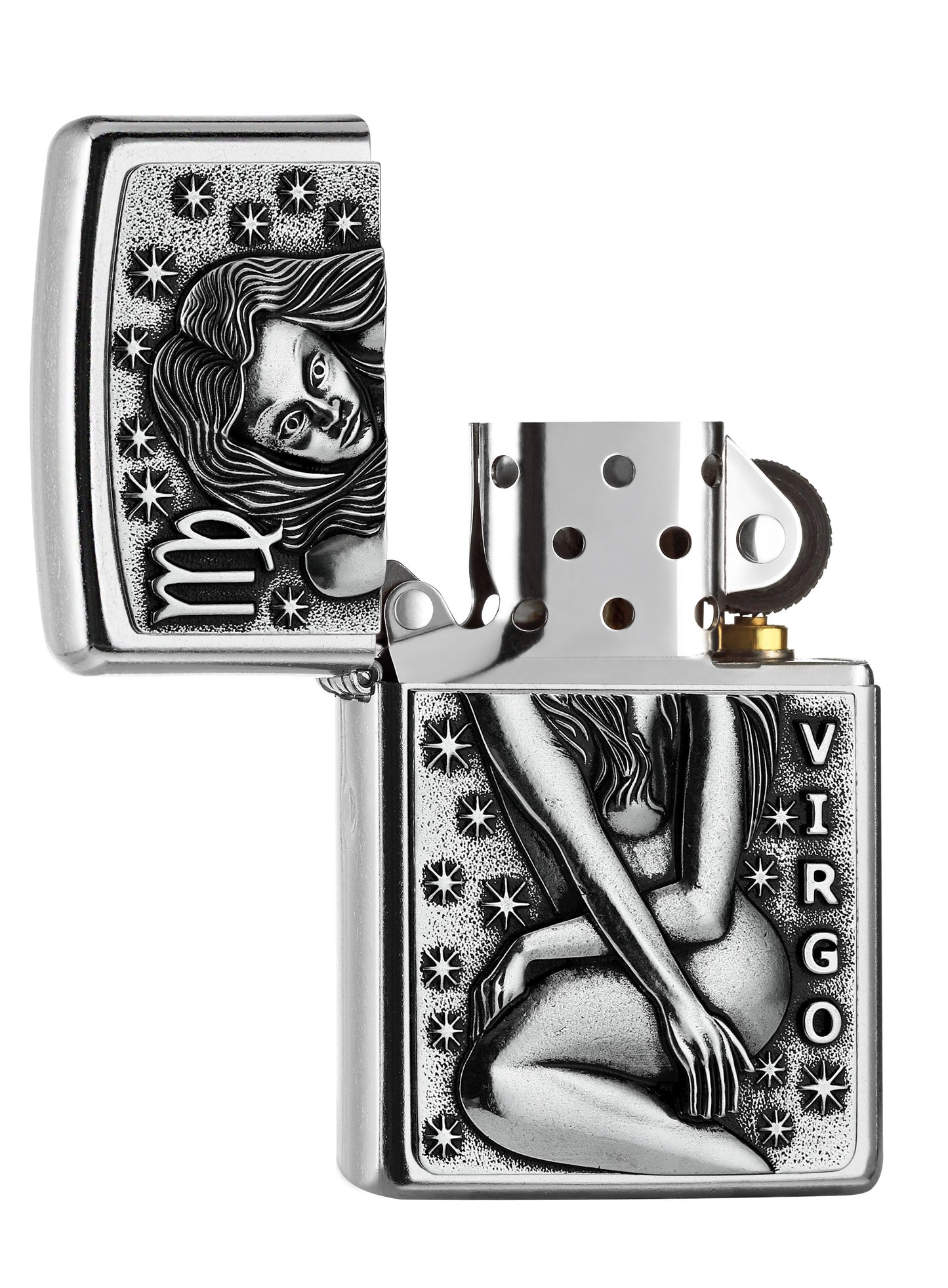 Zippo Feuerzeug Sternzeichen Jungfrau Emblem geöffnet