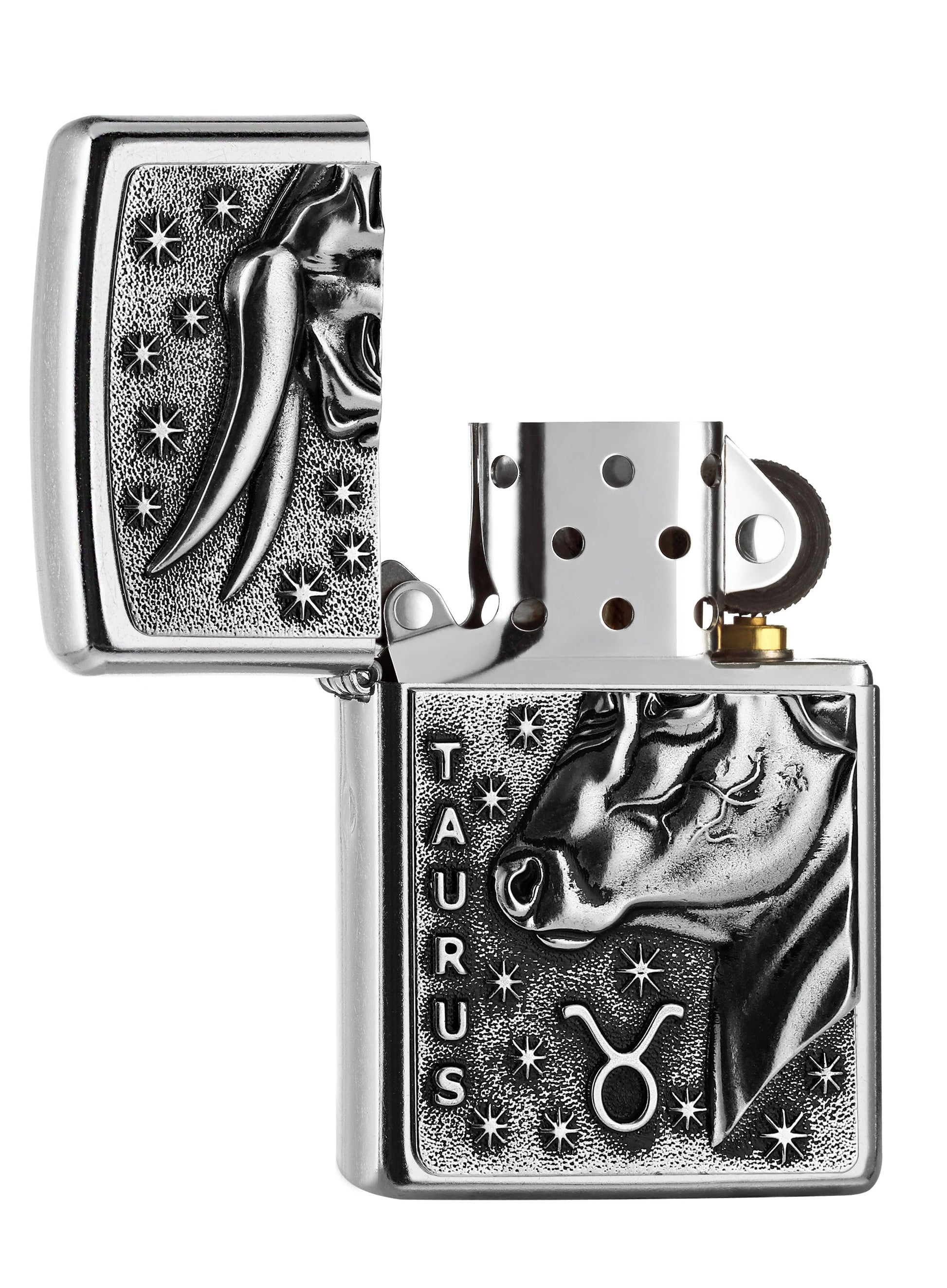 Frontansicht Zippo Feuerzeug Street Chrome Stier Kennzeichen Emblem mit Taurus Schriftzug geöffnet