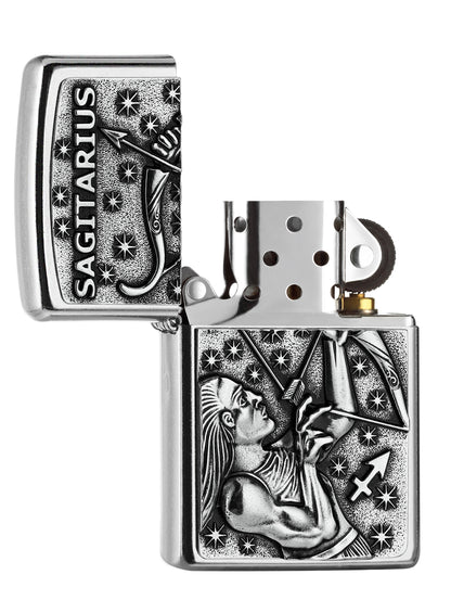 Zippo Feuerzeug chrom Sternzeichen Schütze Emblem geöffnet