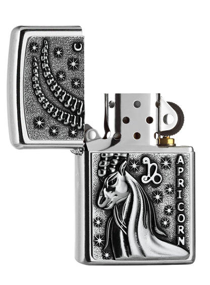  Zippo Feuerzeug Sternzeichen Steinbock Emblem geöffnet