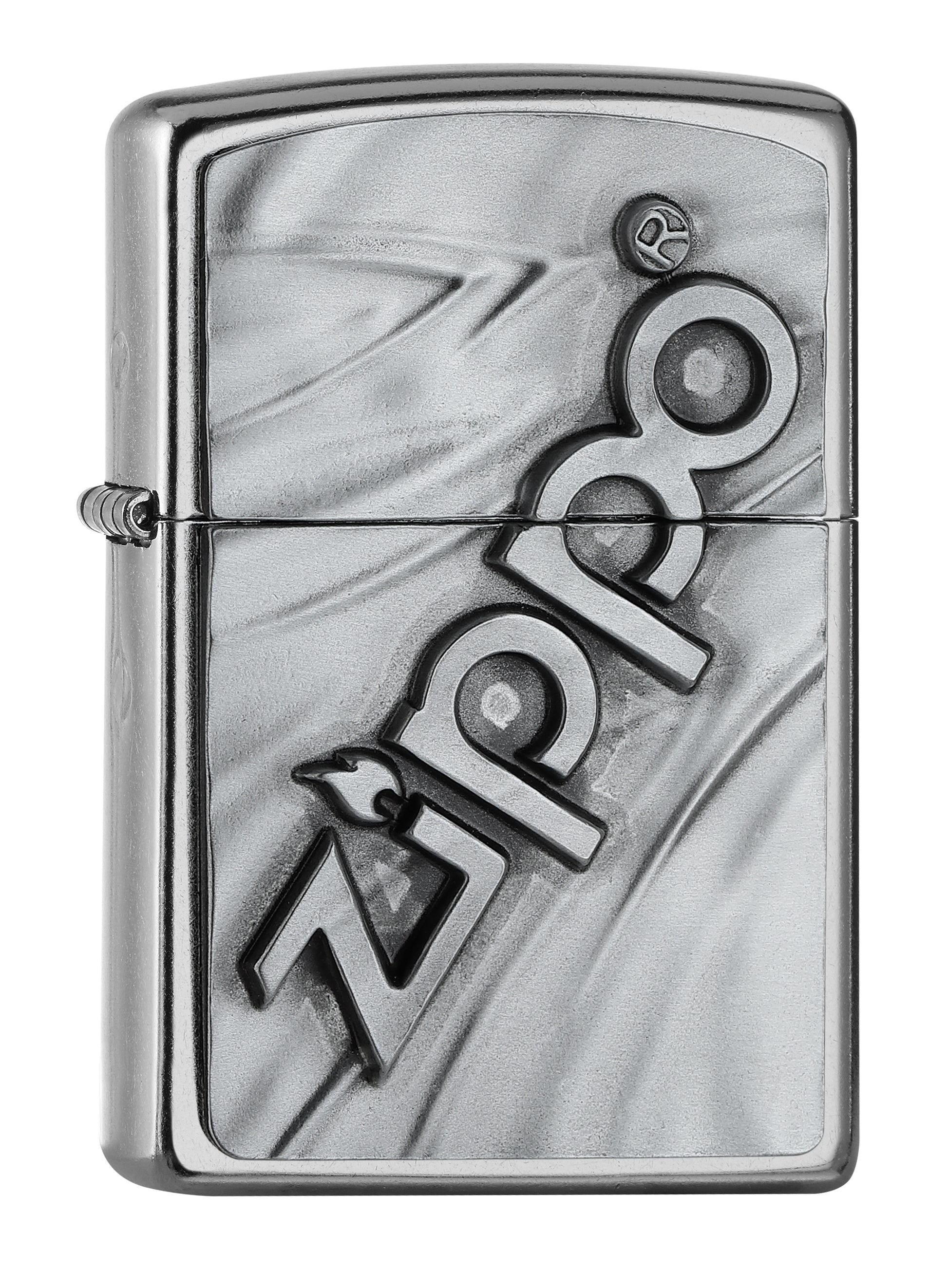 Frontansicht 3/4 Winkel Zippo Feuerzeug chrom Zippo Logo Emblem