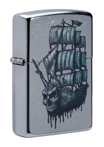 Frontansicht 3/4 Winkel Zippo Feuerzeug Street Chrome Piratenschiff mit Totenkopf Online Only