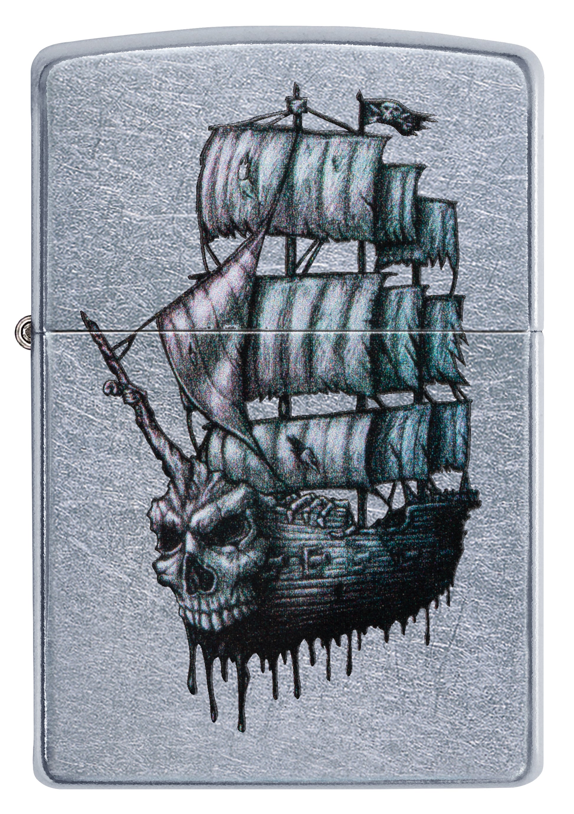 Frontansicht Zippo Feuerzeug Street Chrome Piratenschiff mit Totenkopf Online Only