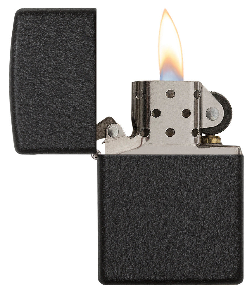 Zippo Feuerzeug Frontansicht Black Crackle Basismodell geöffnet und angezündet