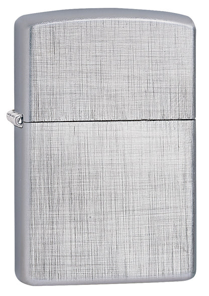 Frontansicht 3/4 Winkel Zippo Feuerzeug Chrome gebürstet Linen Weave Basismodell