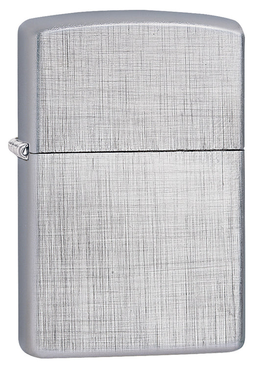 Frontansicht 3/4 Winkel Zippo Feuerzeug Chrome gebürstet Linen Weave Basismodell