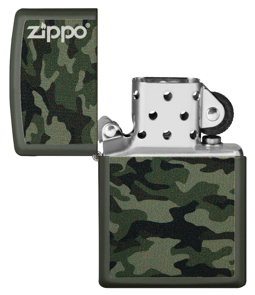 Vue de face du briquet tempête Zippo Camo and Zippo Design éteint, sans flamme