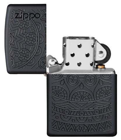  Zippo Feuerzeug schwarz mit Mandalamuster geöffnet