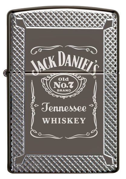 Frontansicht Zippo Feuerzeug grau glänzend Jack Daniel's Schriftzug und Logo graviert