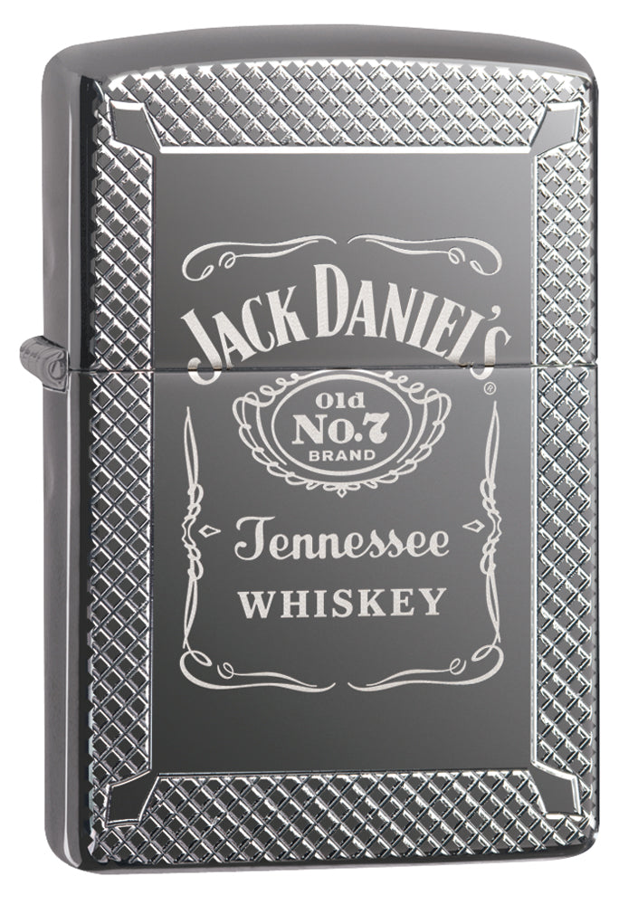 Frontansicht 3/4 Winkel Zippo Feuerzeug grau glänzend Jack Daniel's Schriftzug und Logo graviert