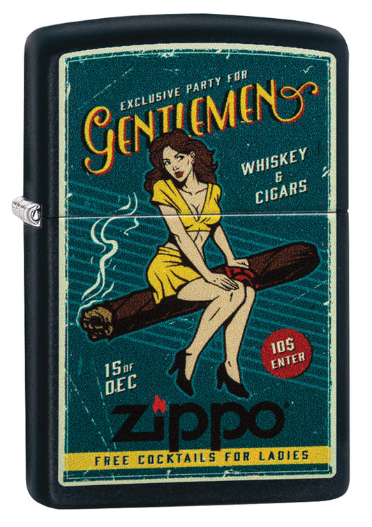 Zippo Feuerzeug Frontansicht ¾ Winkel schwarz matt mit Abbildung von Frau auf Zigarre sitzend im Retro Stil