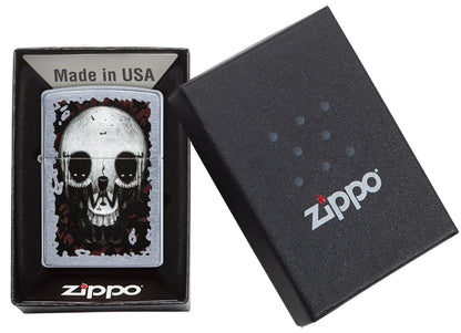 Zippo Feuerzeug chrom Totenkopf optische Täuschung in offener Box