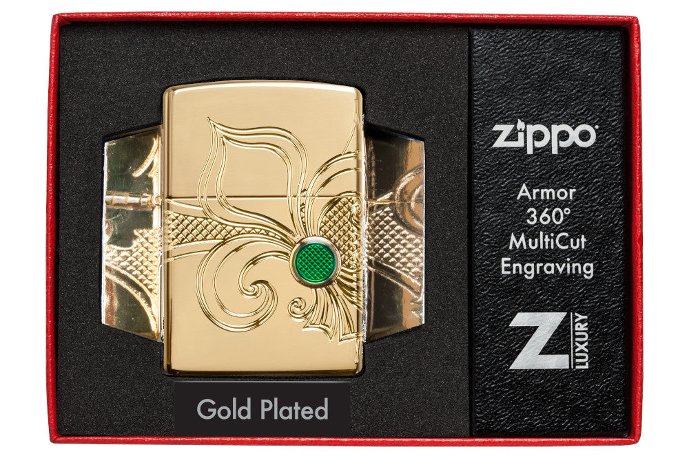 Zippo Feuerzeug Messing hochglanz tief gravierte Fleur de Lis Lilie in offner Luxusverpackung